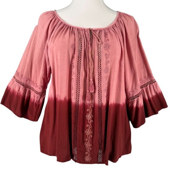 Studio West Womens 2X Blouse Ombre Boho Tunic Embroidered Bell Tie Dye - Picture 2 of 9
